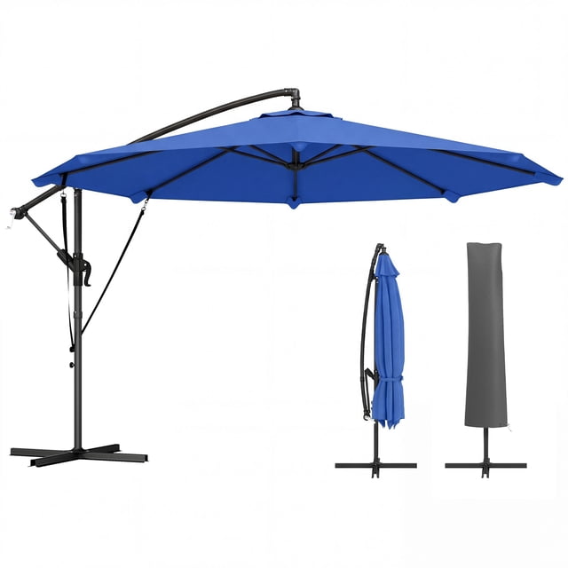 10FT Cantilever Patio Umbrella with 8 Ribs and Cover, Navy Blue Offset Parasol with Water-Repellent Polyester Canopy and Wind Ropes for Garden, Yard, Deck and Poolside Area