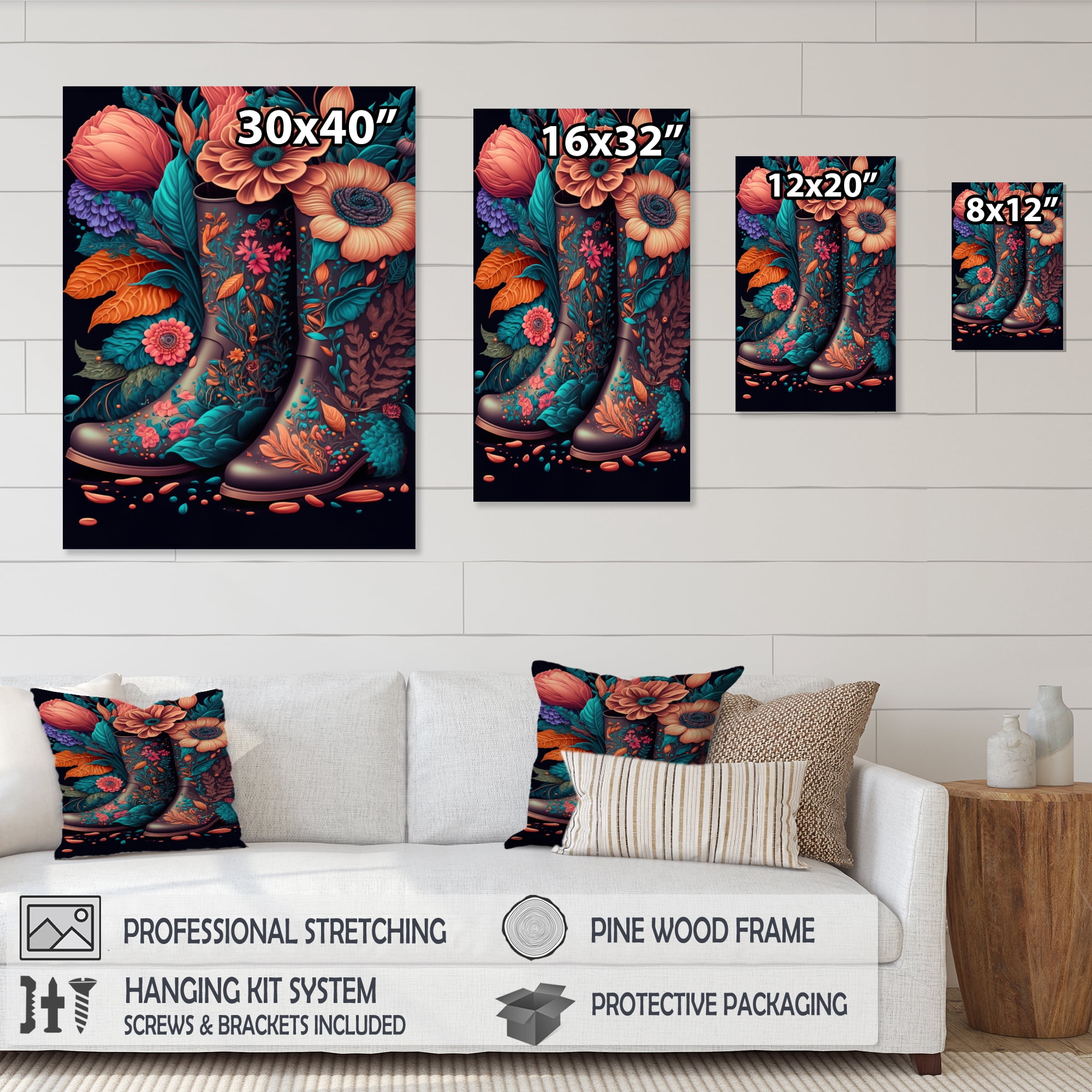 Designart Bright Floral Bouquet In Farm Boots I Canvas Wall Art