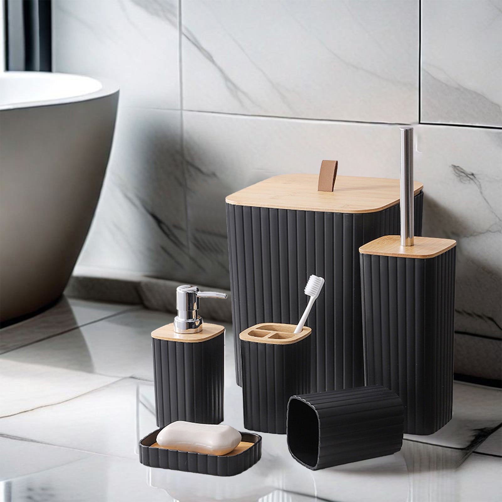 Kraoden 6 Pcs Bathroom Accessory Set, Plastic Bathroom Accessories with Toilet Brush, Soap Dispenser, Trash Can & Toothbrush Holder, Elegant Bathroom Decor