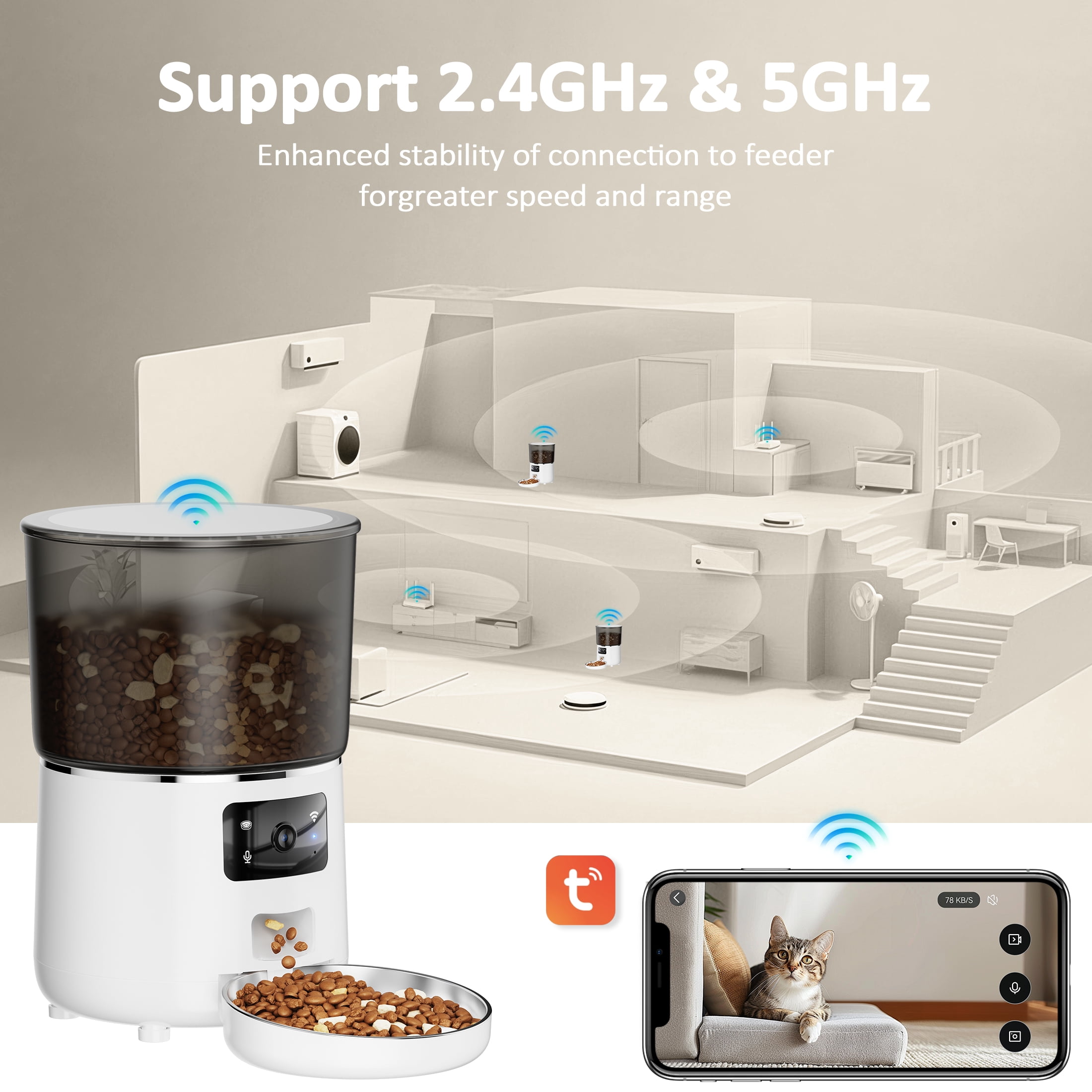 Automatic Cat Feeders with 304 Stainless Steel Bowl,4L Automatic Cat Food Dispenser with 1080P Camera,Tuya 2.4G&5G WIFI APP Remote Timed Feeding with Voice Call,Dual Power Supply