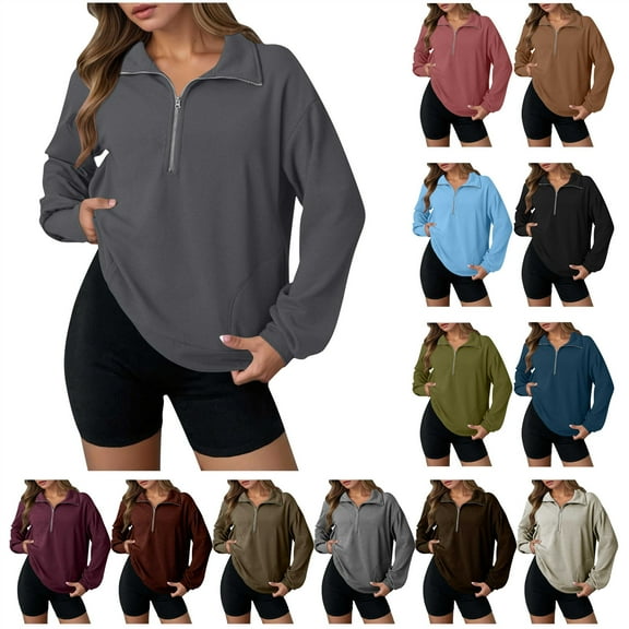 QATAINLAV Womens Long Sleeve Lapel Sweatshirt Casual Waffle Knit Half Zip Pullover Tops with Side Pockets Fall Winter Clothes, Brown, XL