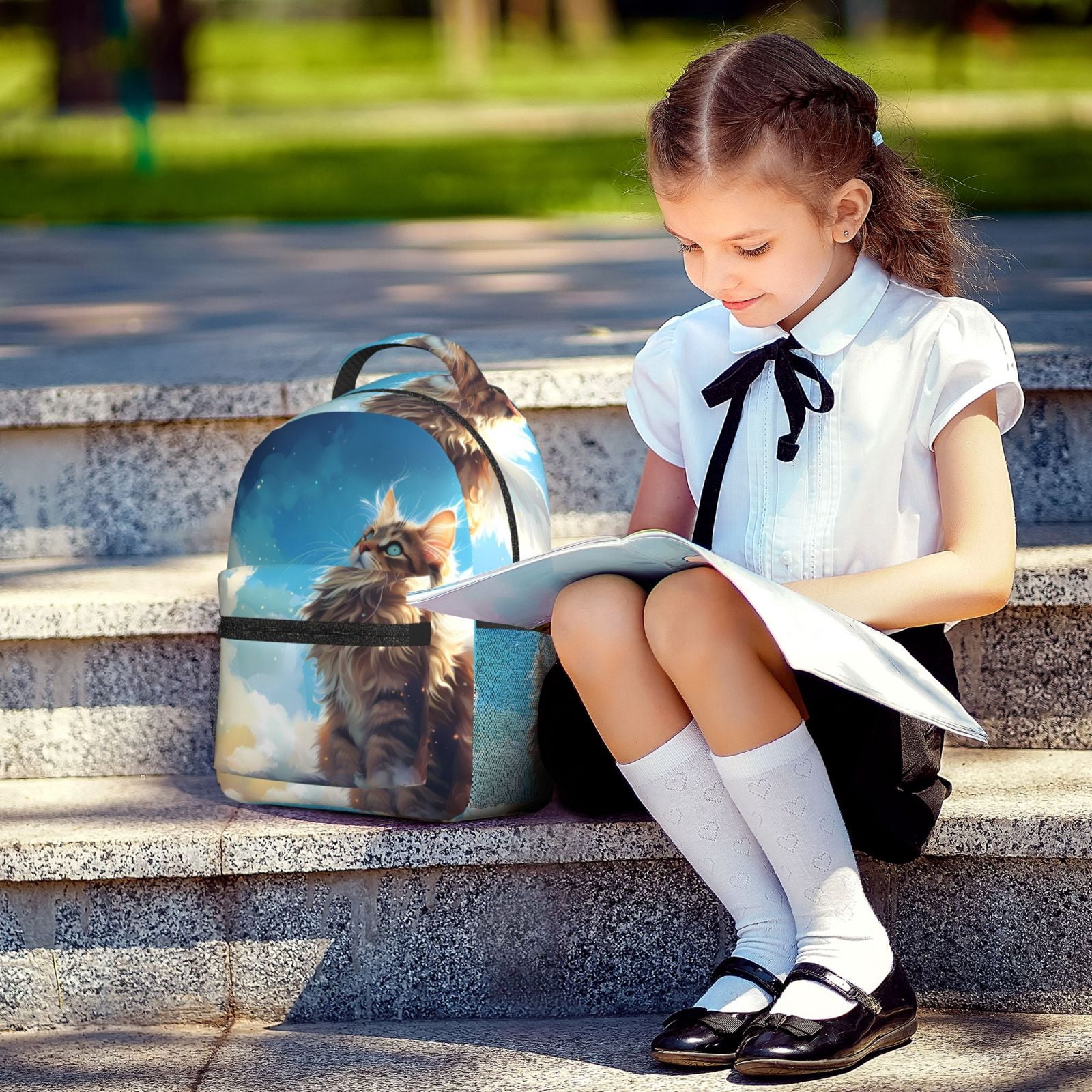 Xecao Blue Sky Winged Cat Travel Backpack: A spacious, stylish computer backpack ideal for men and women, perfect for college, school, or daily travels