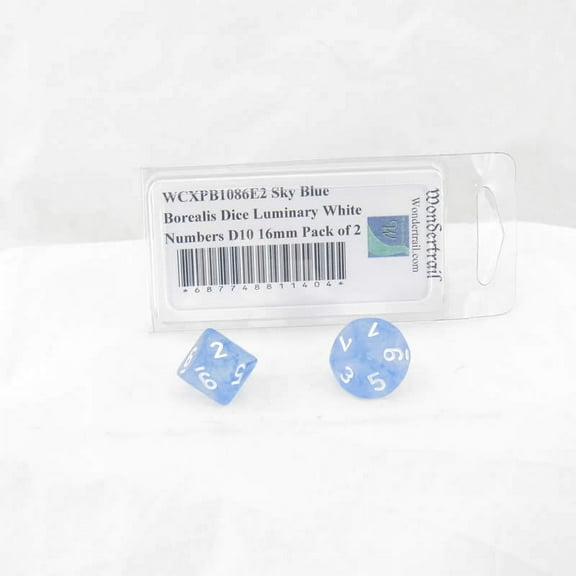 Sky Blue Borealis Dice Luminary with White Numbers D10 Aprox 16mm (5/8in) Pack of 2 Wondertrail