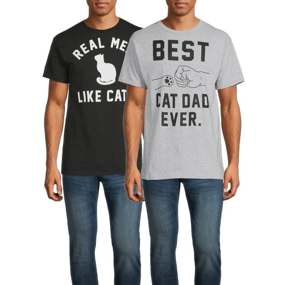 Father's Day Men's & Big Men's Cat Dad Short Sleeve Graphic Tees, 2 Pack, Funny Cat Shirts
