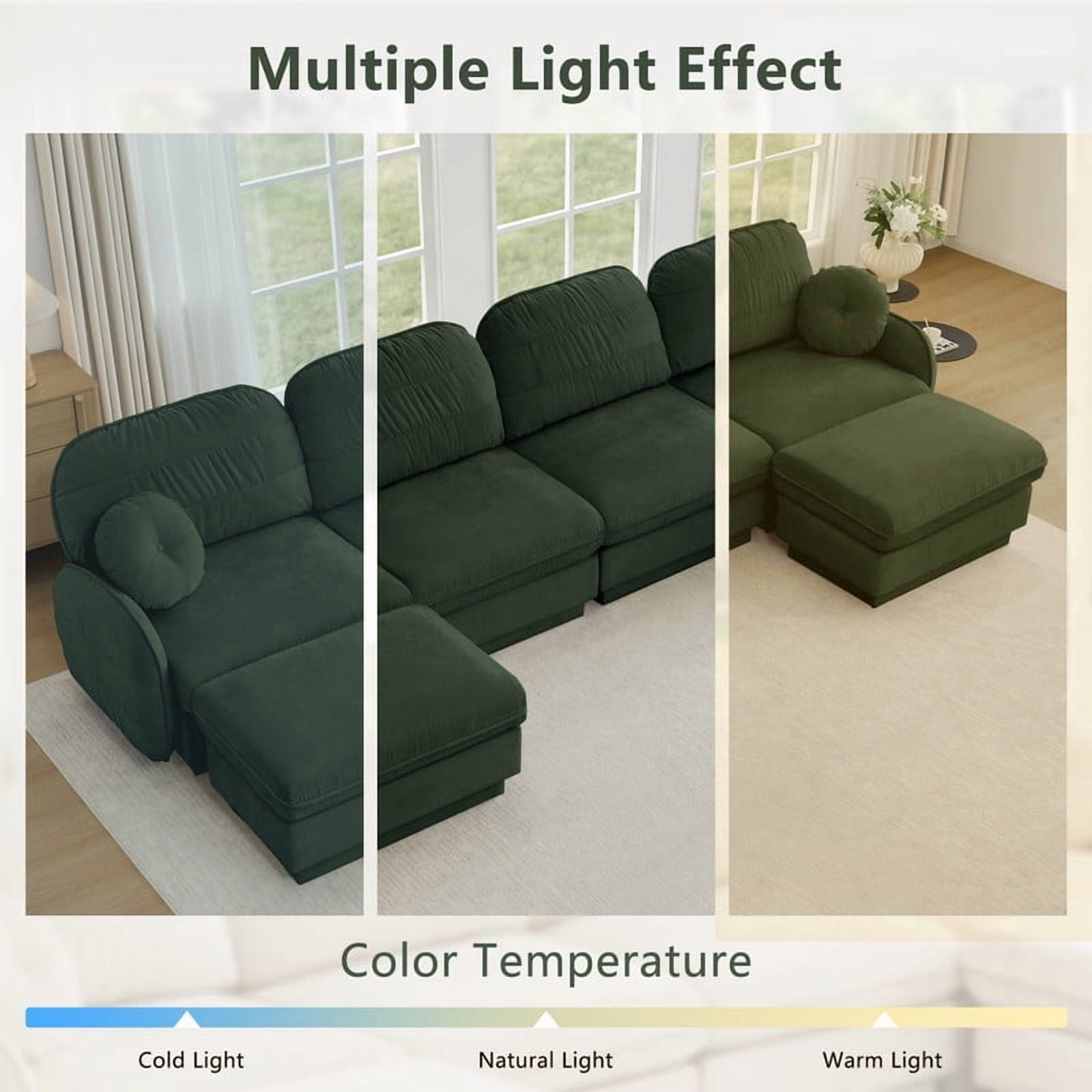 Chenille Modular Sofa with Ottoman, 2-Seater Deep Seat Cloud Couch, Convertible Sectional Sofa with Quilted Cushions & Round Pillows, Modern Sofa for Living Room, Apartment,Green