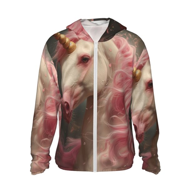 Fotbe Haired White Horse Chaqueta con Protección Solar UPF 50+ para Hombre y Mujer, Camisa con Capucha y Bolsillos-Small