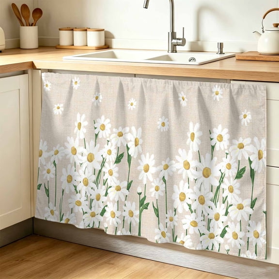 Spring Floral Cabinet Curtains for Shelves, White Daisy Farmhouse Linen Texture Privacy Curtain for Closet Self Adhesive, Dust-Proof Drapes for Closet Storage Room Classroom Doorway, 32"W x 55"L