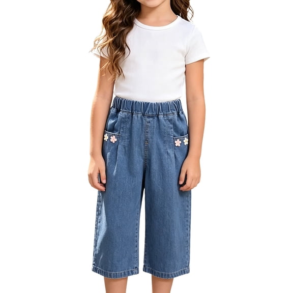 XXWXYD Girls Wide Leg Bermud𝖺 Jean Shorts Teen Knee Length Elastic Waist Denim Shorts Summer Casual Pockets Baggy Jorts Girls Baggy Denim Shorts Back-to-School