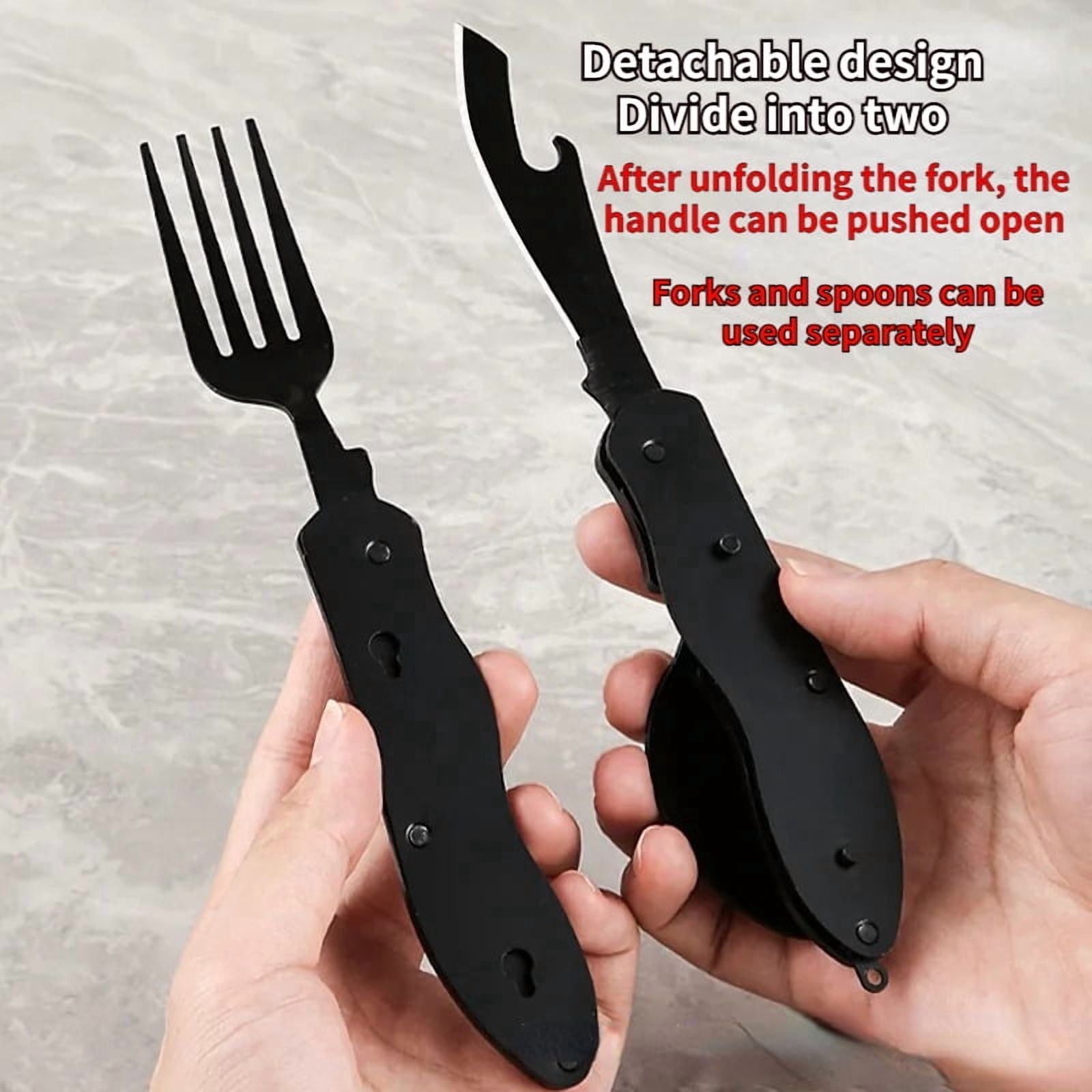 Outdoor Camping Folding Cutlery Set Stainless Steel Spoon Fork Knife Bottle Opener Multitool Portable Hiking Travel Tableware Kit