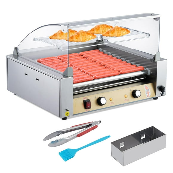 Whizmax Hot Dog Roller Stainless Steel Sausage Grill Cooker Machine with Dual Temp Control Glass Hood Acrylic Cover Bun Warmer Shelf Removable Oil Drip Tray, Hotdog Roller Grill for Commercial Home
