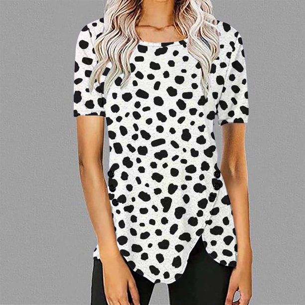 Fiudx Ofertas Relámpago Blusa Casual de Manga Corta con Estampado de Botones para Mujer, Blusa/Camisa de Cuello Redondo de Manga Corta