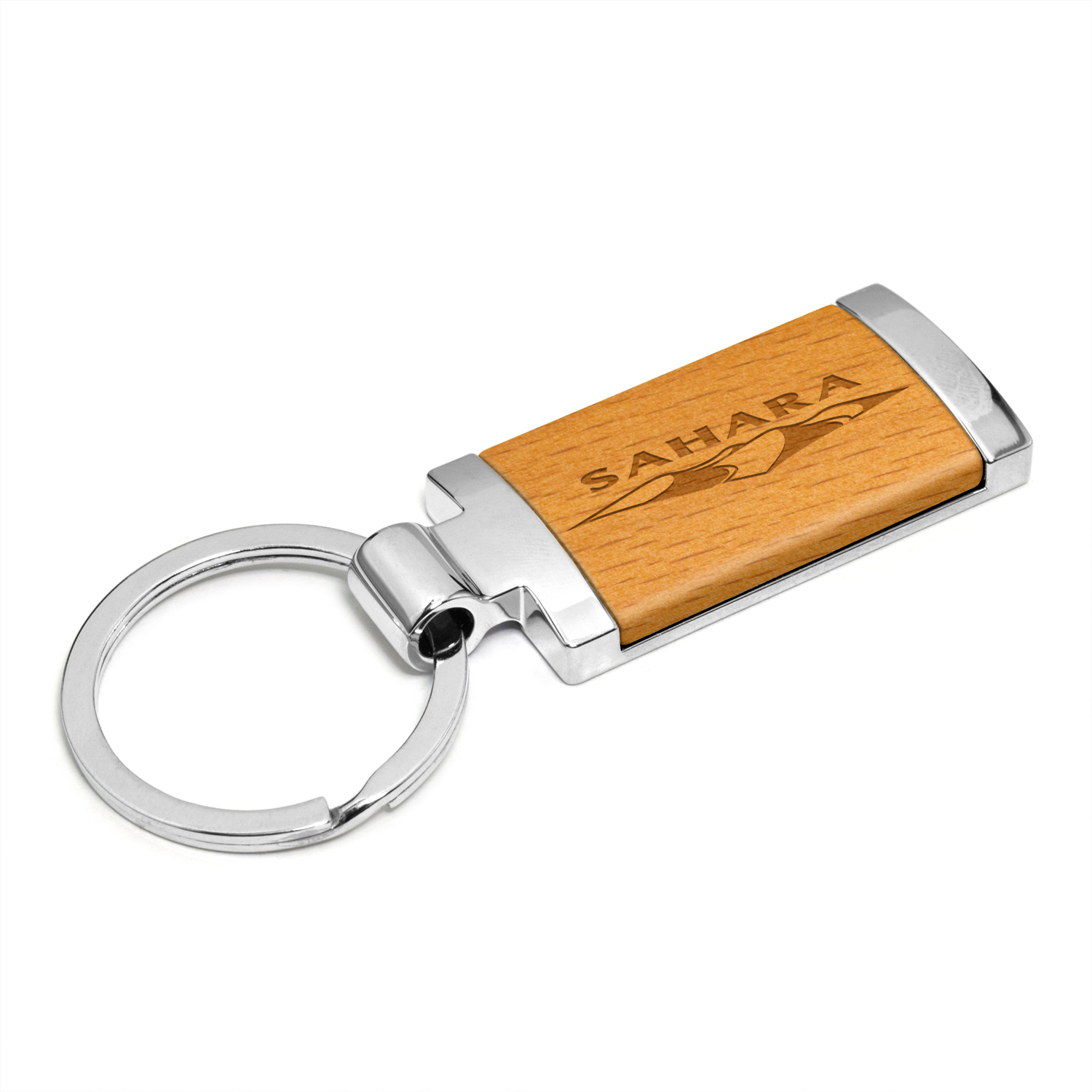 Jeep Wrangler Sahara Laser Engraved Maple Wood Chrome Metal Trim Key Chain