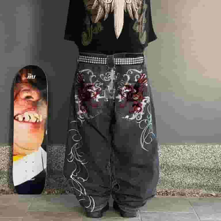 Street Vintage Harajuku Pattern Black Baggy Jeans Y2K Hip Street Vintage Harajuku Pattern Black Baggy Jeans Y2K Hip