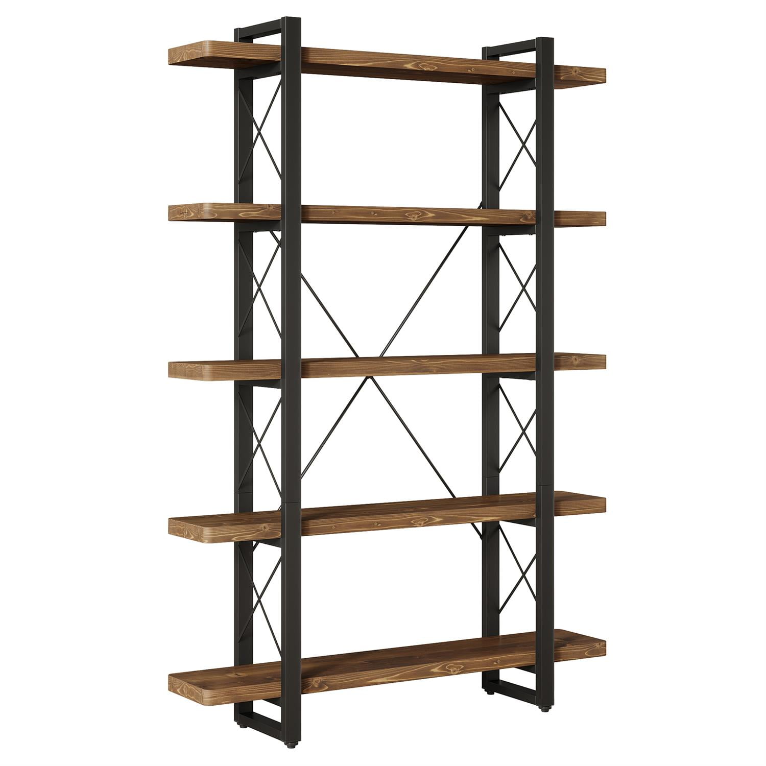 Demi Bonn 72" Industrial Wooden Bookshelf, Multi-Level Display Storage with Metal Construction for Living Room, Brown