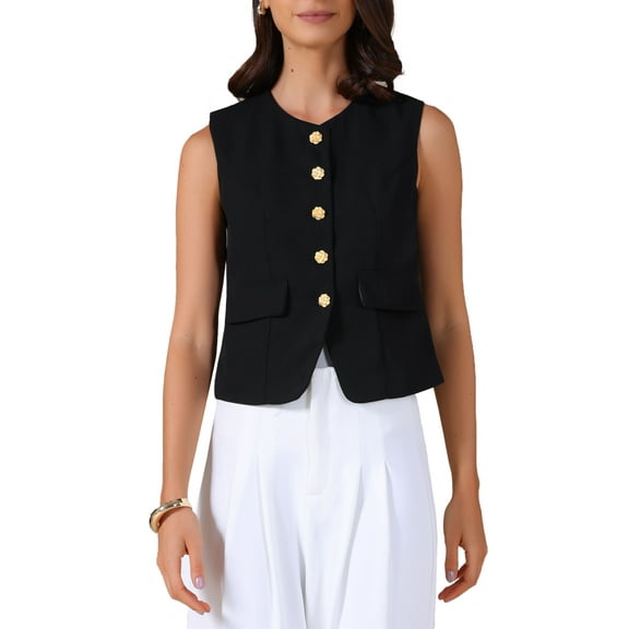 INSPIRE CHIC Women's Round Neck Suit Vest Sleeveless Floral Button Business Casual Jacket XS Black