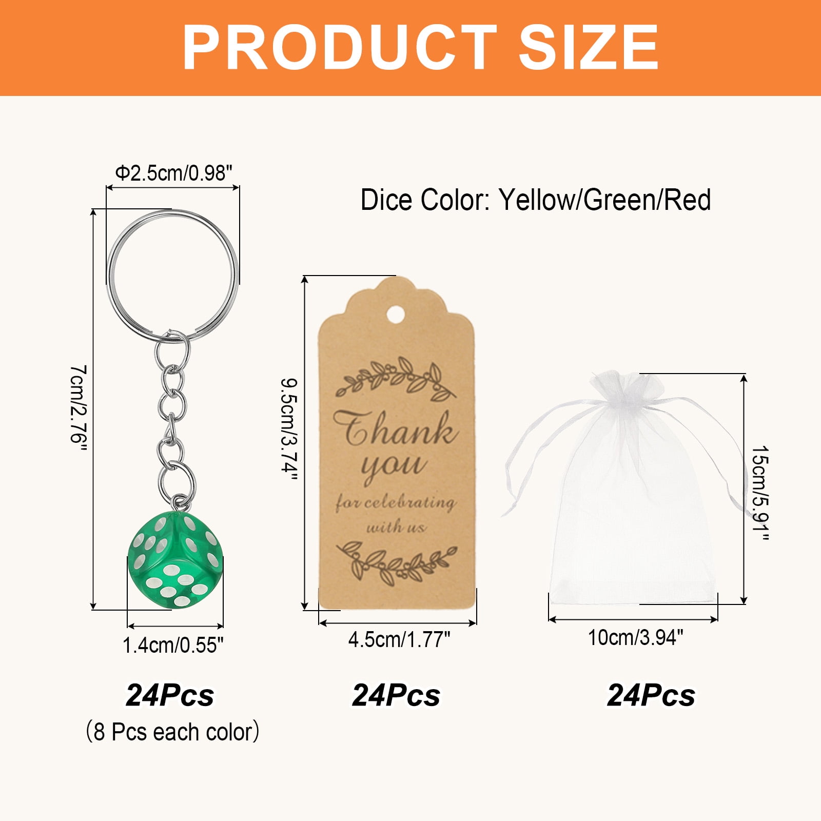 Uxcell Dice Key Chains Bulk with Jute Twine Gift Tag/Mesh Bag, Creative Keyring Charm Pendant for Bag Wallet Purse Car Cellphone Accessories, Yellow/Green/Red