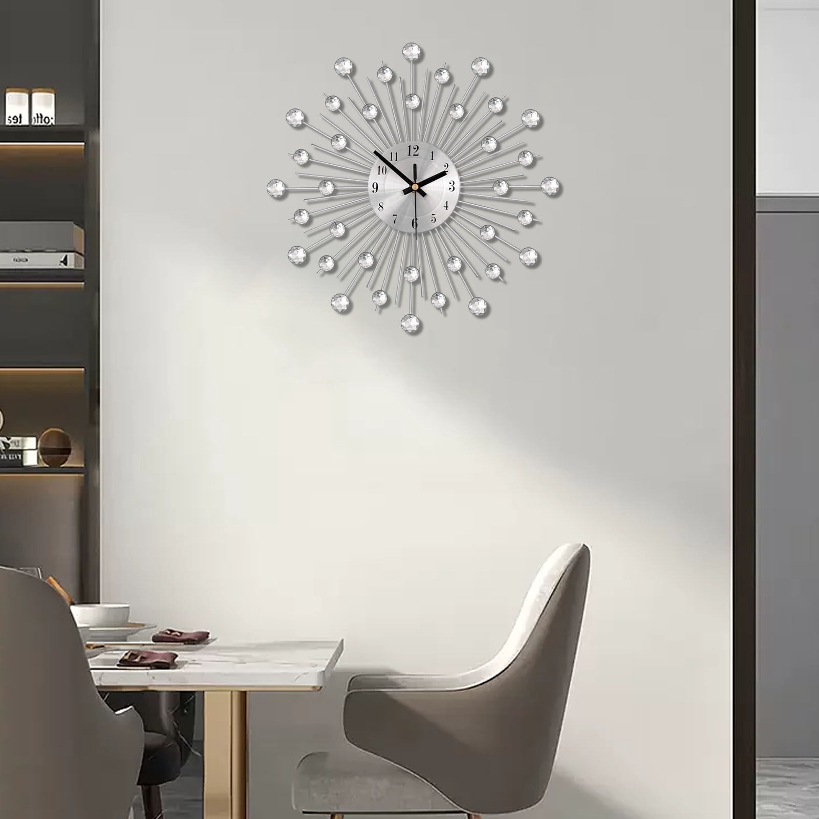 NWOKYZGH Large Wall Clock for Living Room Decor, Non-Ticking Quiet Modern Metal Starburst Bling Silver Crystal Wall Clocks Decor for Bedrooms Kitchen Decorative