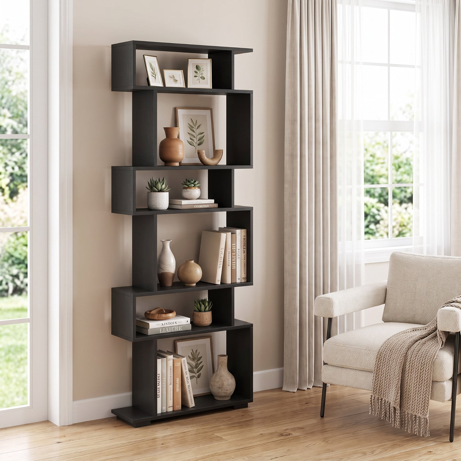 Furnibear 6-Tier Geometric Bookshelf with 2 Anti-Tipping Kits for Home Office for Living Room Home Office Bedroom Display Storage Shelf, Black