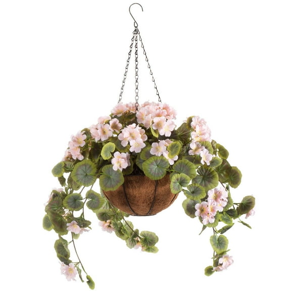 OakRidge Miles Kimball Fully Assembled Artificial Geranium Hanging Basket, 10” Diameter and 18” Chain – Pink Polyester/Plastic Flowers in Metal and Coco Fiber Liner Basket for Indoor/Outdoor Use