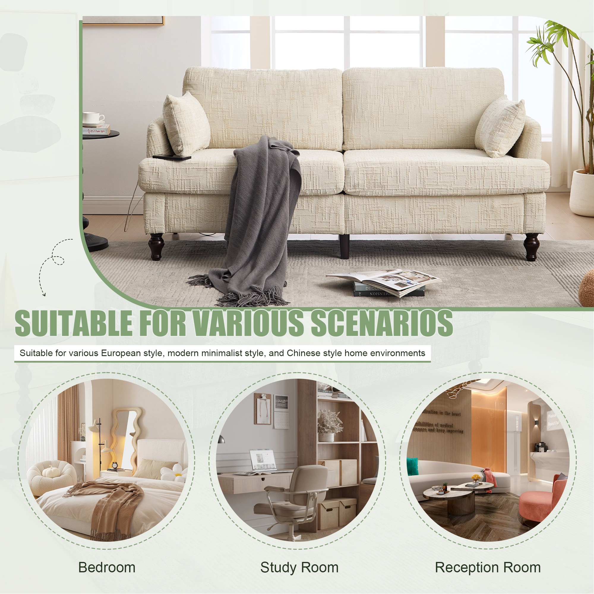 68.9" Sofa Couch,Modern 2 Seater Upholstered Loveseat Sofa Couch with LED light&USB for Living Room,Bedroom,Beige