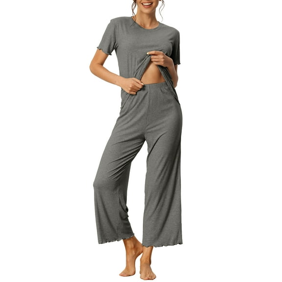 DARING DIVA Women's Ribbed Knit Round Neck Short Sleeve Pajamas Set 2XL Dark Grey