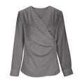 thumbnail image 5 of Lenpel Satin Blouses for Women Long Sleeve Warp V Neck Side Button Ruched Trendy Dressy Tops Business Casual Work Shirts(Gray,X-Large), 5 of 7
