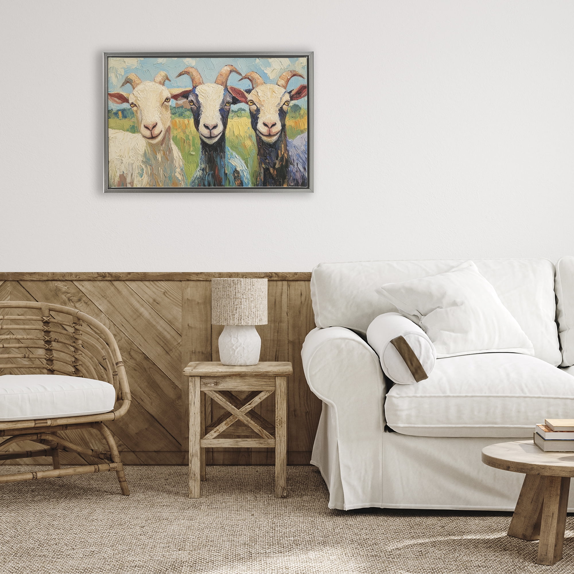 Stupell Industries Billy Goats in Bright Pasture Gray Framed Floater Canvas Wall Art, design by Petal Prints Design