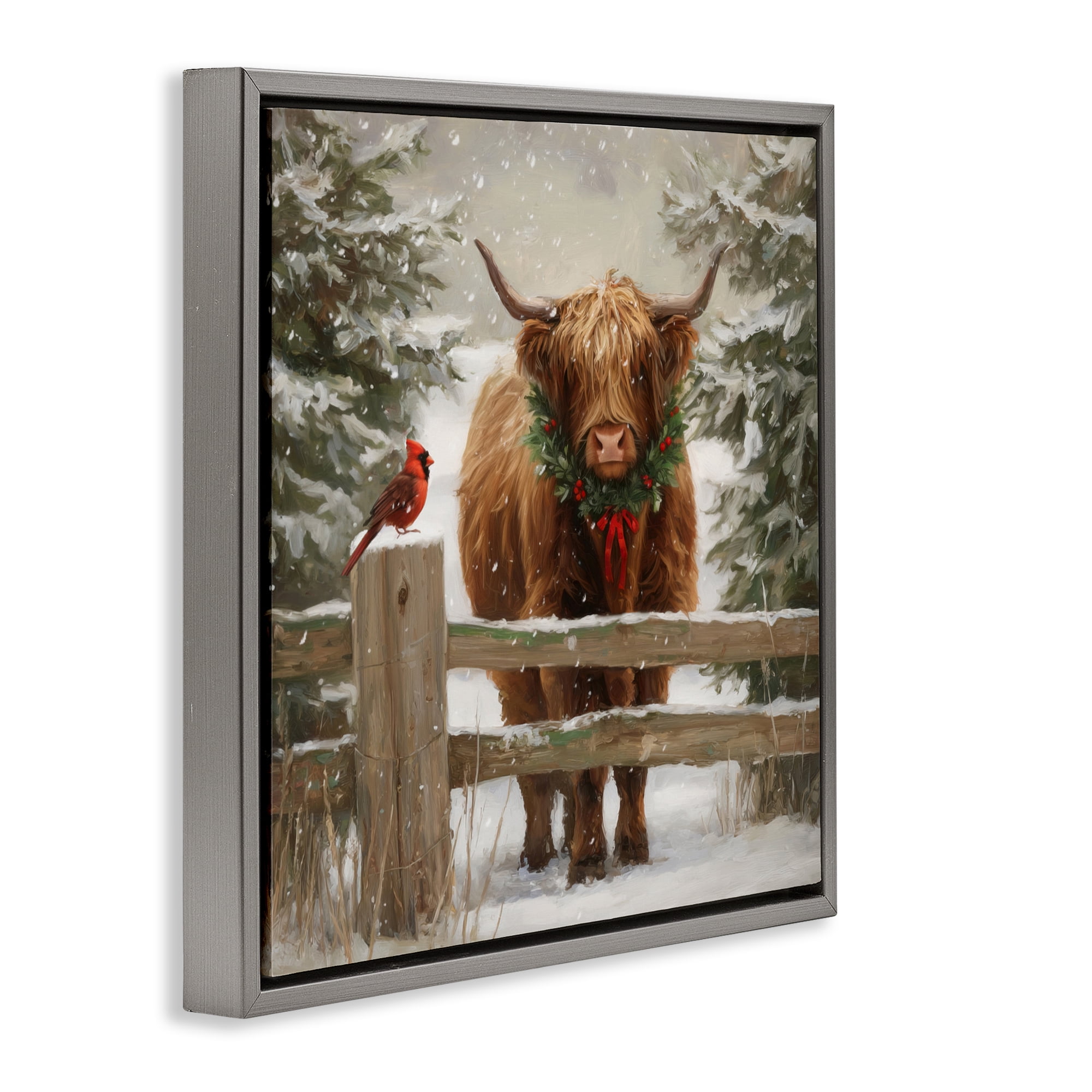 Stupell Industries Christmas Cow & Cardinal Gray Framed Floater Canvas Wall Art, design by Tina LeCour