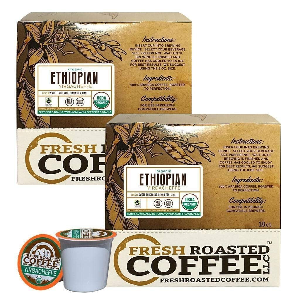 Fresh Roasted Coffee LLC, Organic Ethiopian Yirgacheffe Coffee Pods, KCup Compatible, 36 ct