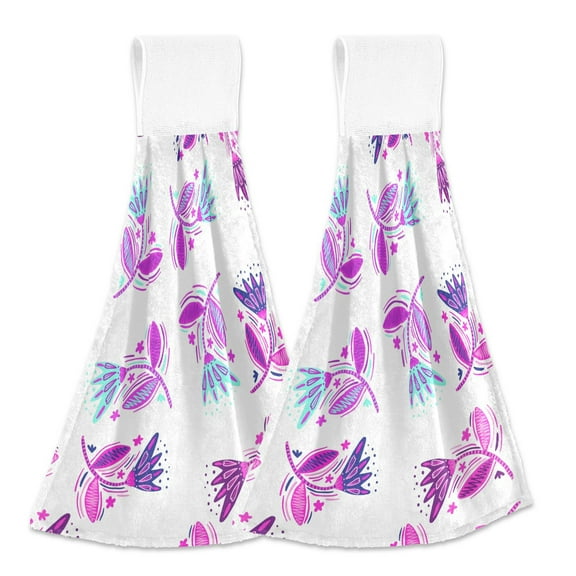 Flowers and Leaves Pink 2pcs Loop Hanging Bathroom Hand Towel Soft Dish Towel Absorbent Tie Towels for Kitchen Tea Bar Washcloth Toilet Decor