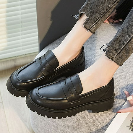 

Cathalem Womens Shoes for Summer Leisure Women Artificial Leather Solid Color Autumn Thick Sole Square Heels Slip On Short Shoes Black 7.5
