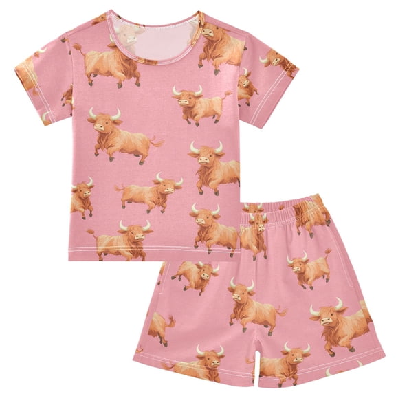 joogoo Highland Cattle Running Pattern Pajama Sets Short Sleeve Cotton 2-Piece Sleepwear 10Y