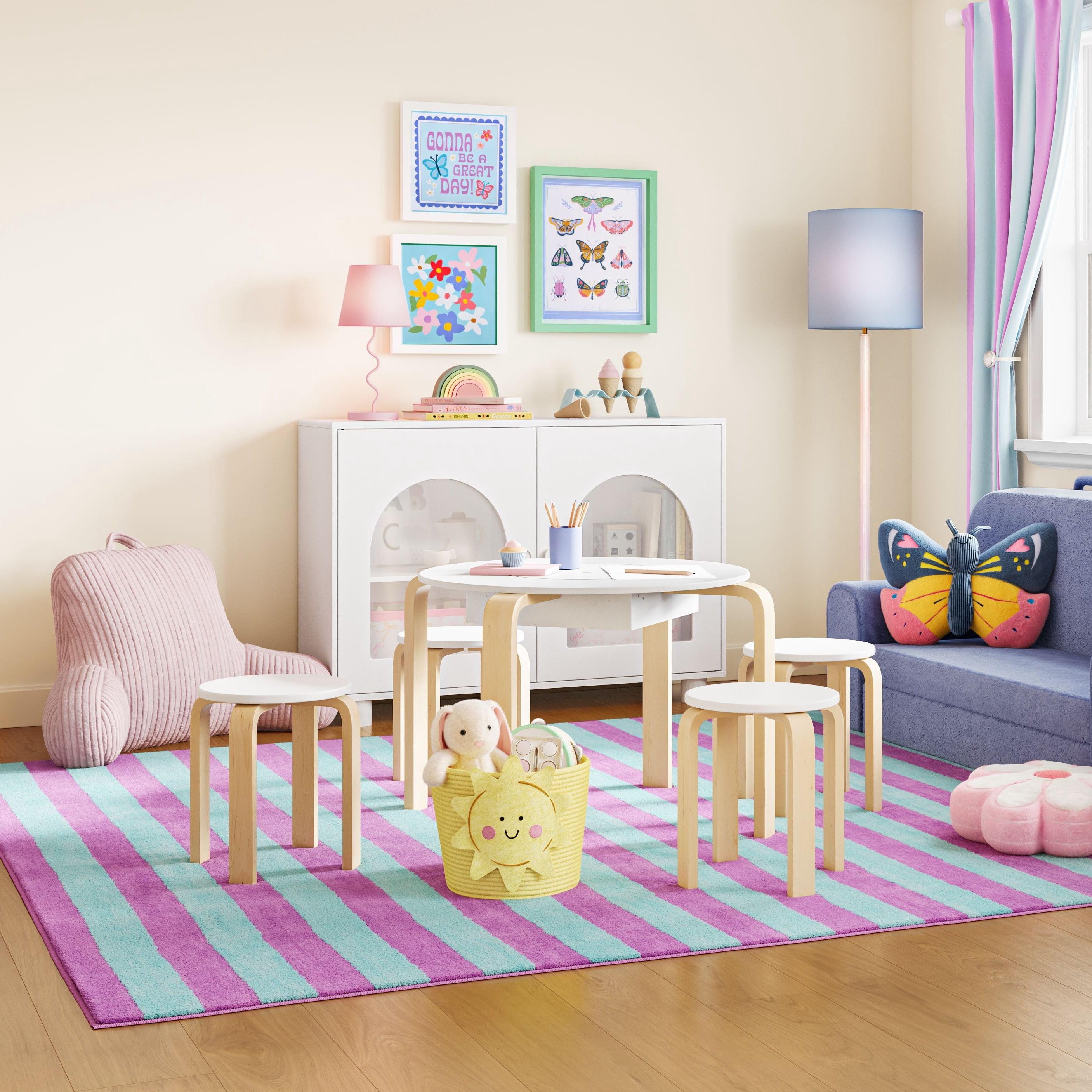 Mainstays Kids 5-Piece Get Happy Play and Chair Set, Natural Teak And White