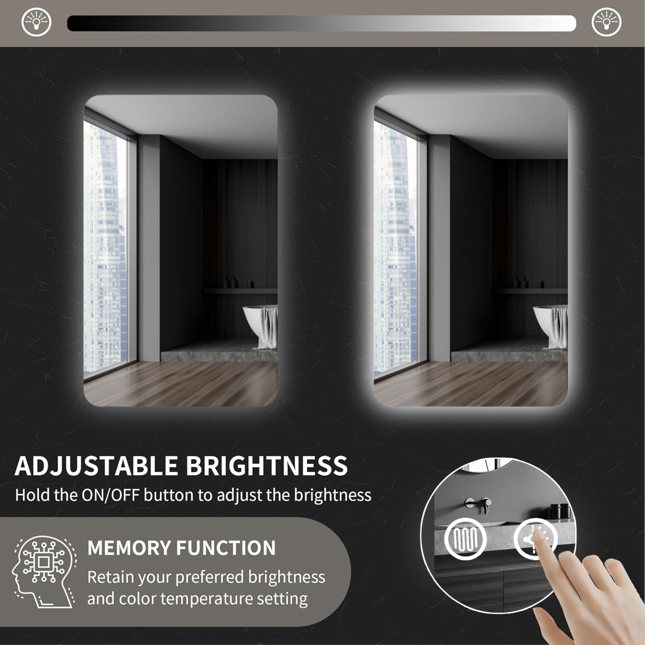 Noble House 24"x36" Rectangular LED Backlit Bathroom Mirror, Anti-Fog, Dimmable 3-Color Lighting