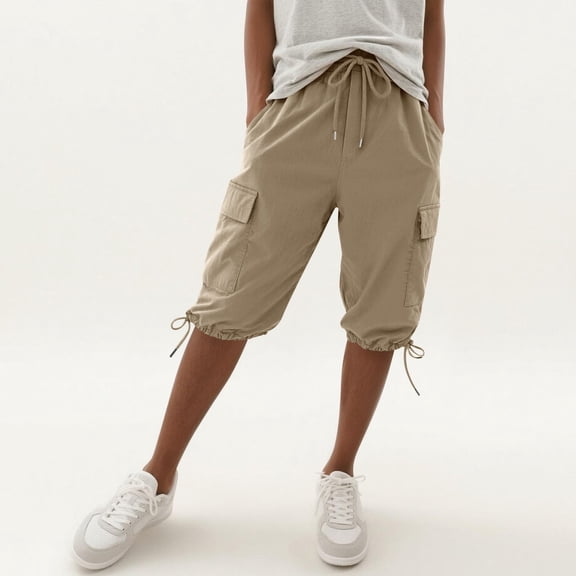 Cutuoiiu Women's Loose Solid Color Elastic Drawstring Waist Cargo Capri Pants with Pockets for Summer Casual Wear