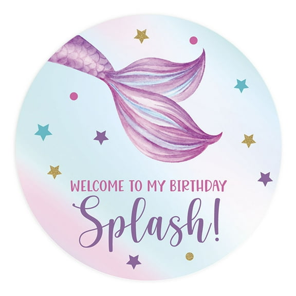 Koyal Wholesale Kids Party Favor Stickers, Welcome to My Birthday Splash, Round Mermaid Birthday Stickers Labels