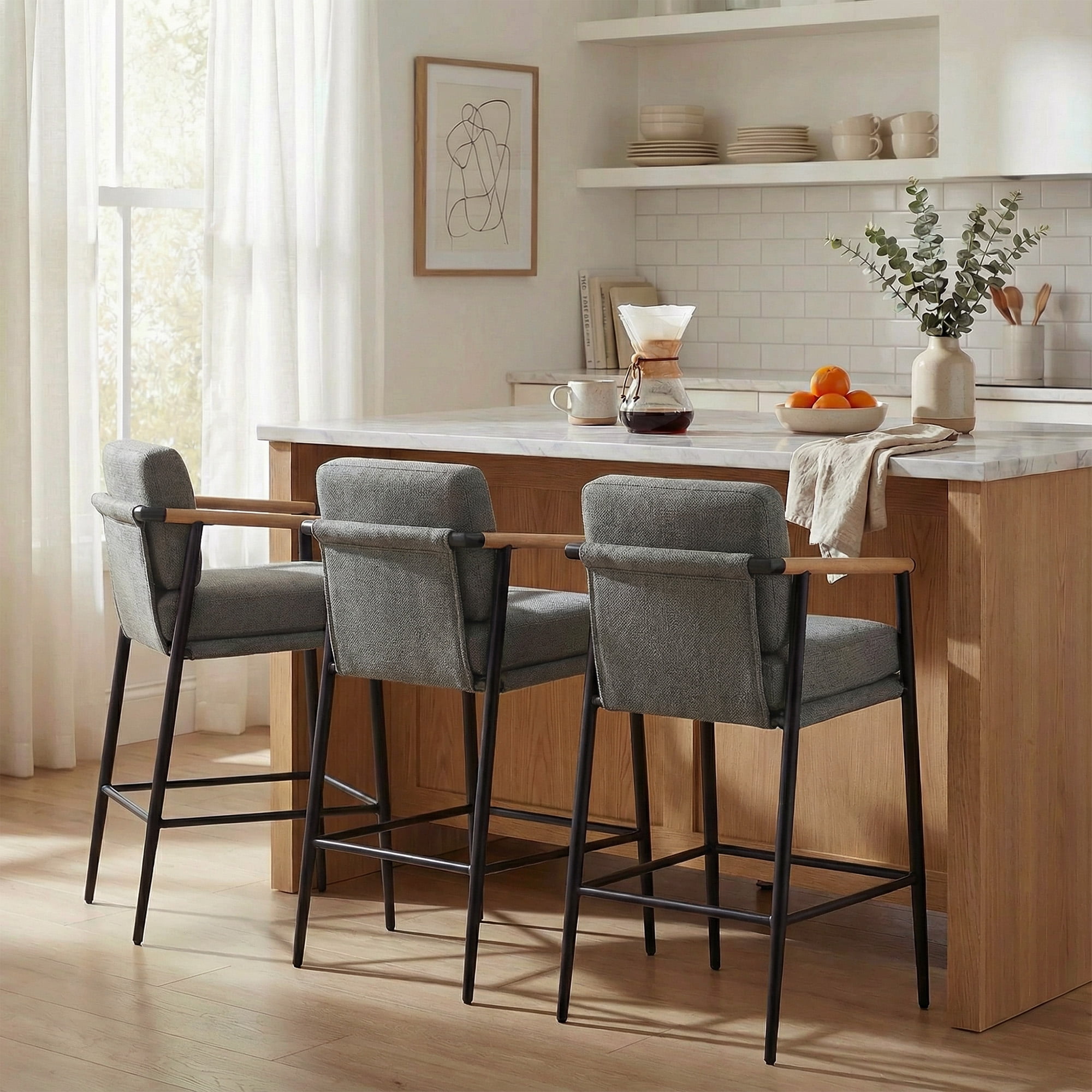 Spruce & Spring Mid-Century Modern Counter Stool Set with Wood Armrests and Cushioned Sling Seat Set of 2, Grey Fabric