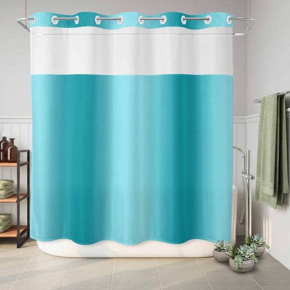No Hook Shower Curtain Turquoise Gradient Waterproof Fabric Shower Curtain Aqua Blue Theme Hotel Style Bathroom Curtain with See Through Top Window Machine Washable 72x72in