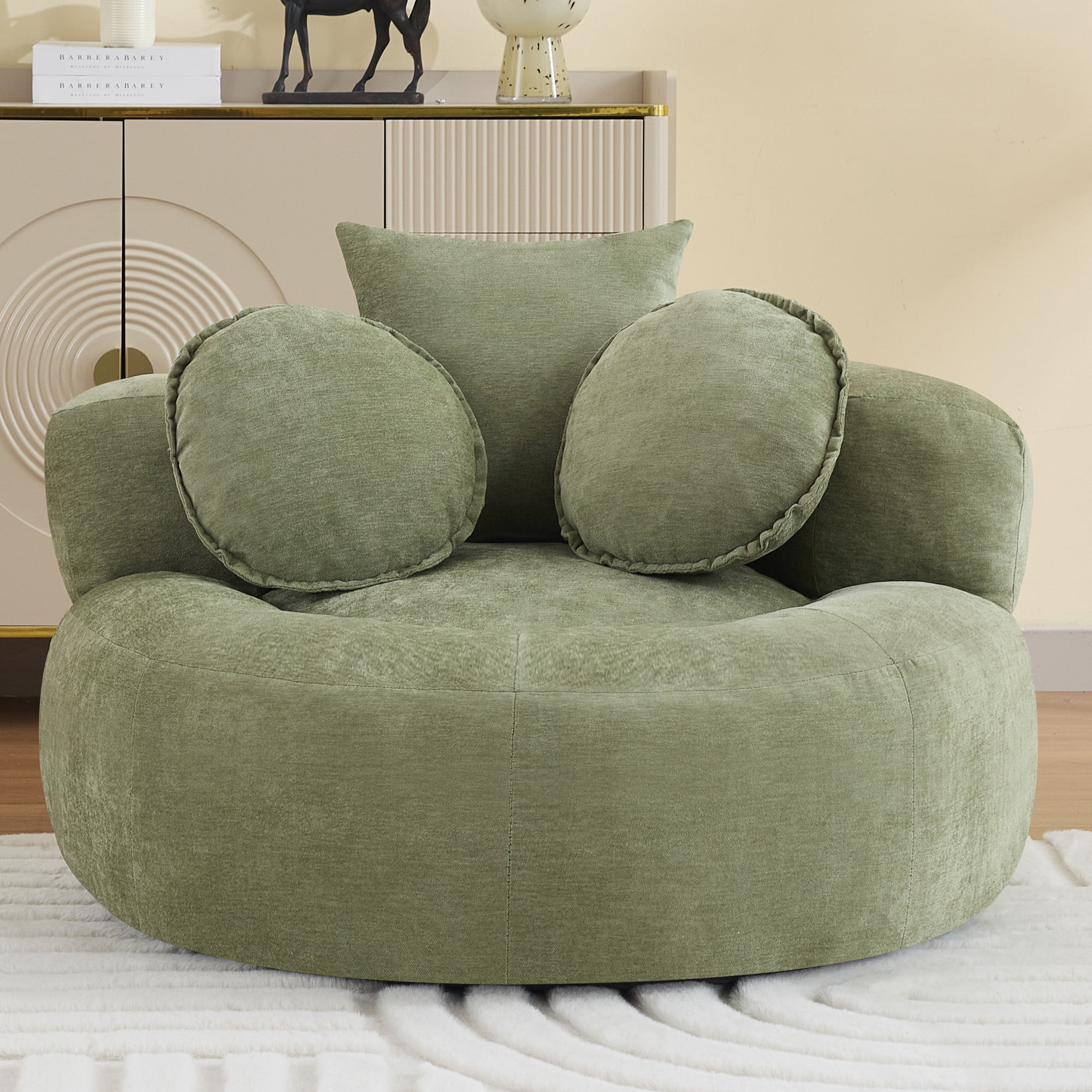 43'' Round Oversized Chaise Lounge Indoor Chair, No Assembly Chenille Compressed Circle Sofa Bed,Comfy Upholstered Sleeper Couch,Lazy Bean Bag Couch for Living Room, Bedroom,Green