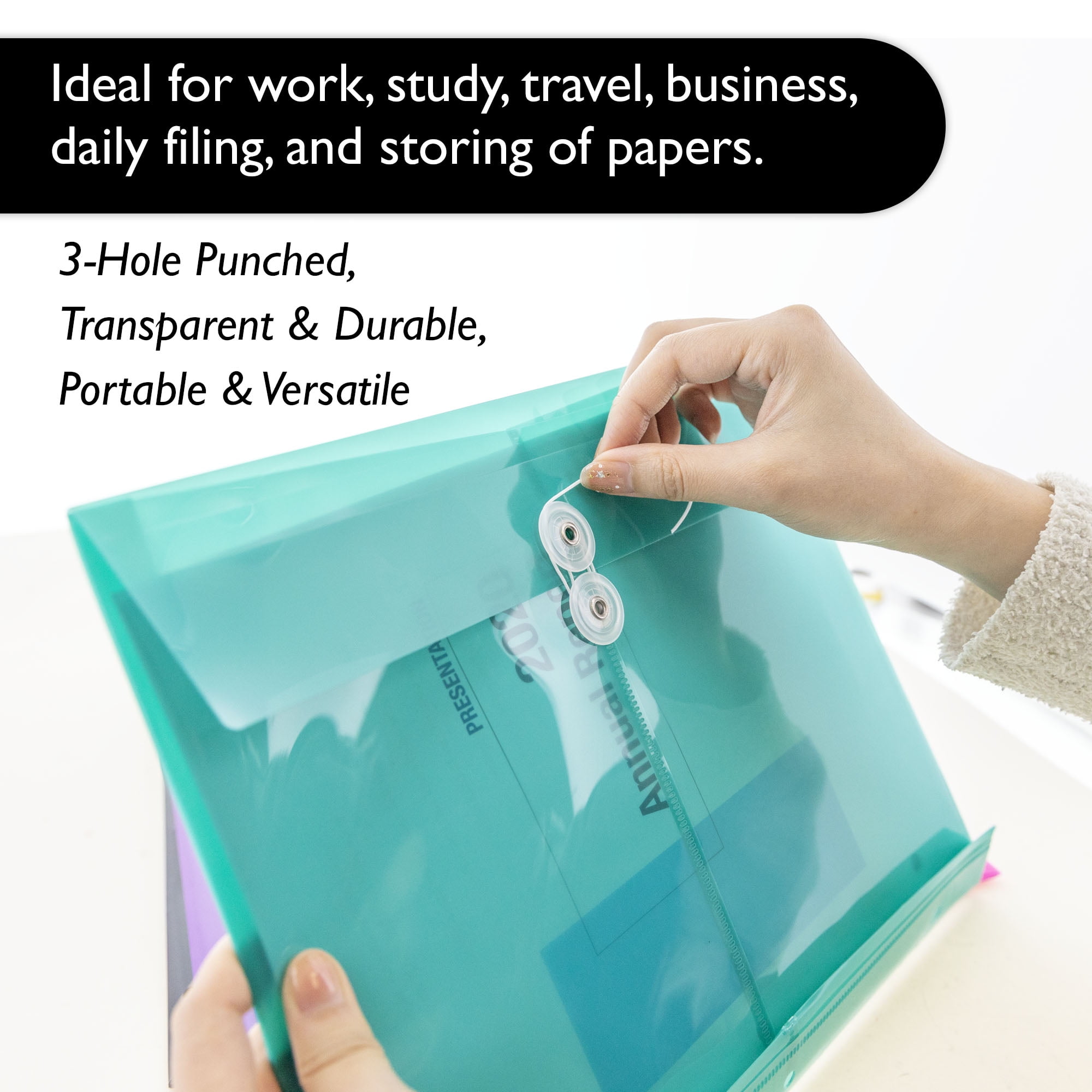 BAZIC Poly Envelope Binder Pocket Folder, 3 Hole Punched, Clear Letter A4 Size Document Folder (5/Pack), 2-Packs