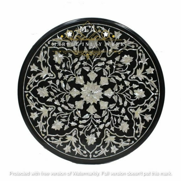 Mother of Pearl Table Top on Black Marble Patio Table – Floral Stone Art, Handmade Elegant Dining & Coffee Table-40 Inch