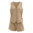 thumbnail image 7 of BRELIL Women Two Piece Sets Summer Matching V Neck Button Top Shorts Suit Solid Boho Casual Vacation Travel Loungewear Outfits, Khaki XL, 7 of 7