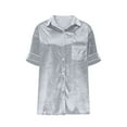 thumbnail image 4 of Velvet Shirt Women Short Sleeve Lapel Collar Dressy Blouses Holiday V Neck Tshirts with Chest Pocket Loose Fitted Button Down Top Trendy Outfits, 4 of 6