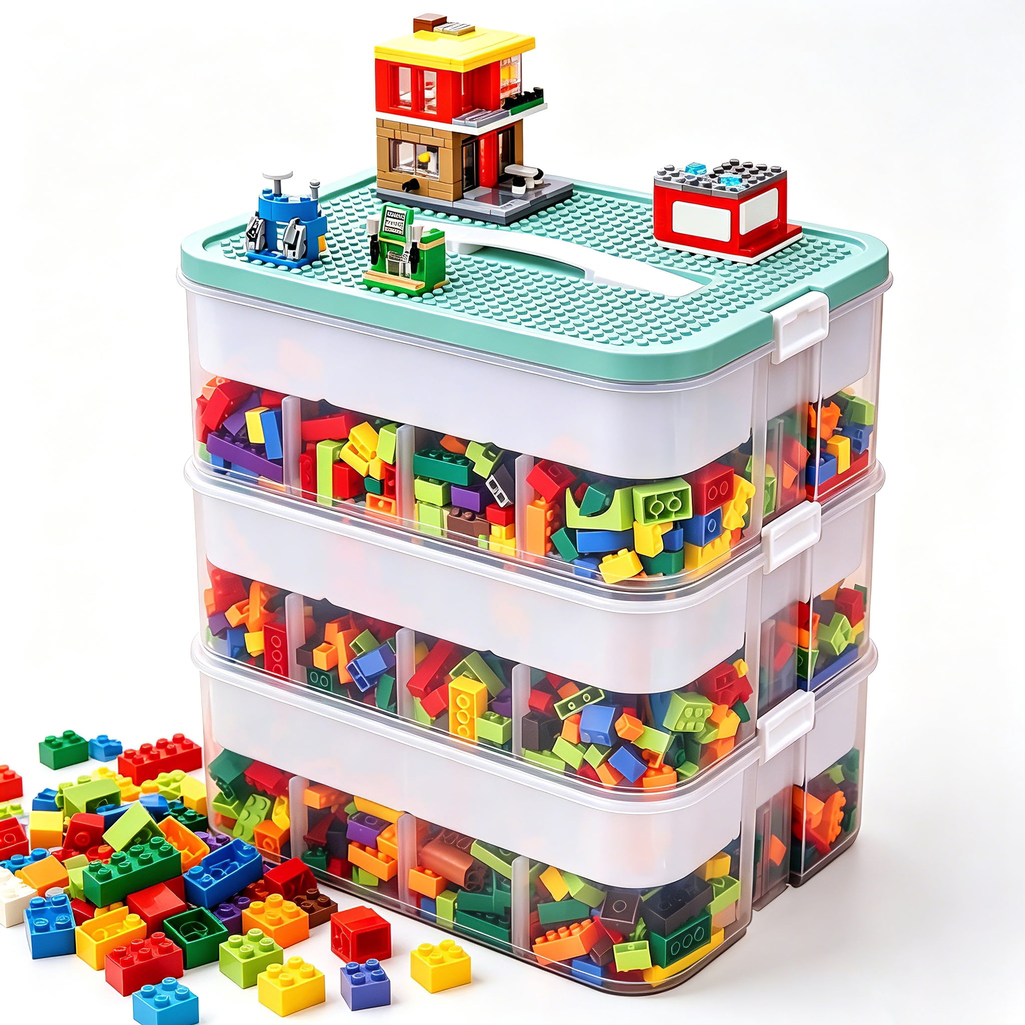 Toy Organizer for Lego Storage , 3 Layers Stackable Storage Bins with Compartments, Kids Toy Container Box,Clear Building Blocks Container Box with Baseplate Lids
