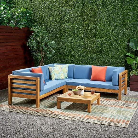 Argentine 4 Piece Outdoor Wooden Sectional Set with Cushions,Blue
