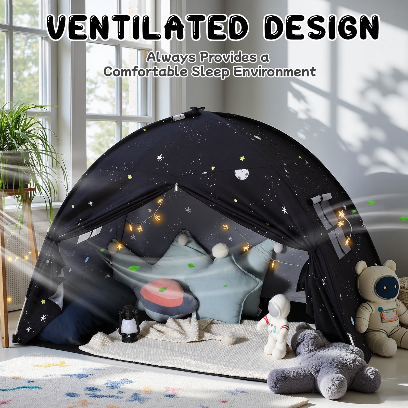 SweHouse Toddler Bed Canopy Lights Sleeping Playhouse Tent, Portable Indoor Privacy Play Space. Foldable Drafty Room Tent for Boys & Girls, Kids Birthday Gifts Golden Beige Large Size. (Black)