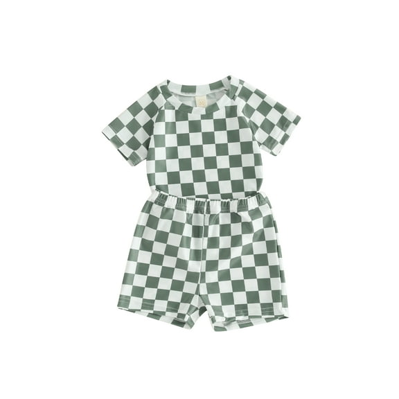JYYYBF Toddler Boys Summer Swimsuit Checkerboard Print Short Sleeve Tops Swim Shorts 2 Pcs Bathing Suit Beach Swimwear