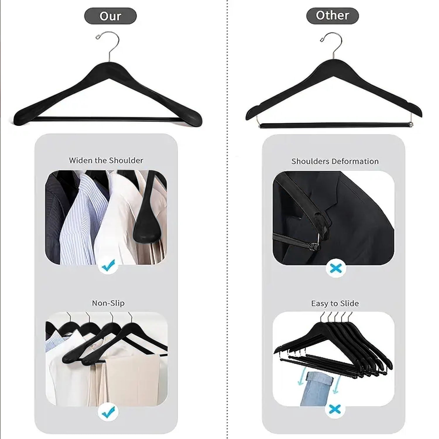 BagDream 8 Pack Wide Shoulder Wooden Suit Hangers with Non Slip Pants Bar, Solid Wood Jacket Clothes Hangers Smooth Finish for Sweater, Pants, Heavy Clothes, Black