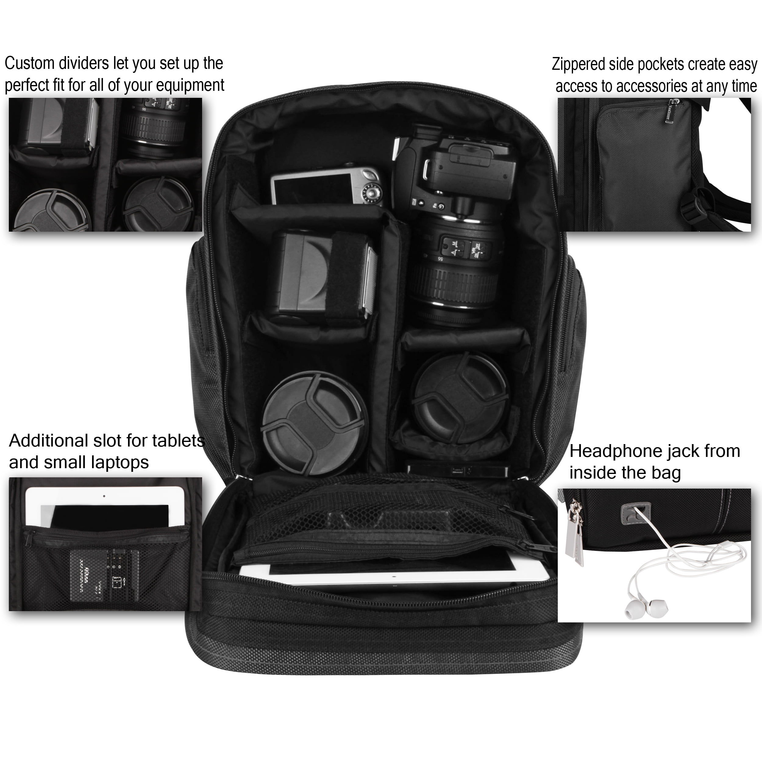 Sporty Outdoor Nylon Backpack Bag for DSLR Compact Cameras, Drones, Camcorders, Sports Action Camers, And Portable Printer Organizers (Black)