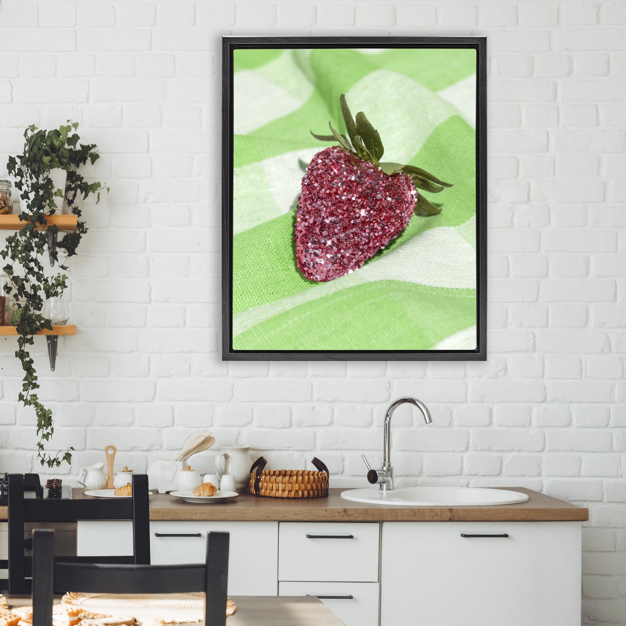Stupell Industries Glimmer Strawberry on Green Black Framed Floater Canvas Wall Art, design by LISH Creative